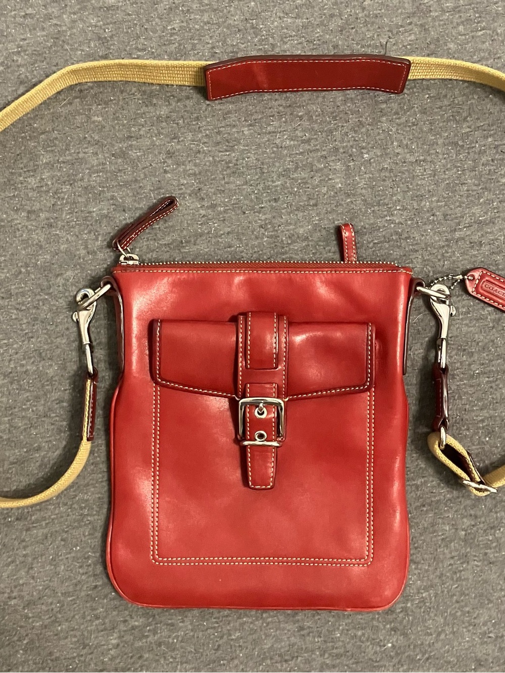 Coach Red Leather Crossbody Bag with Canvas Strap